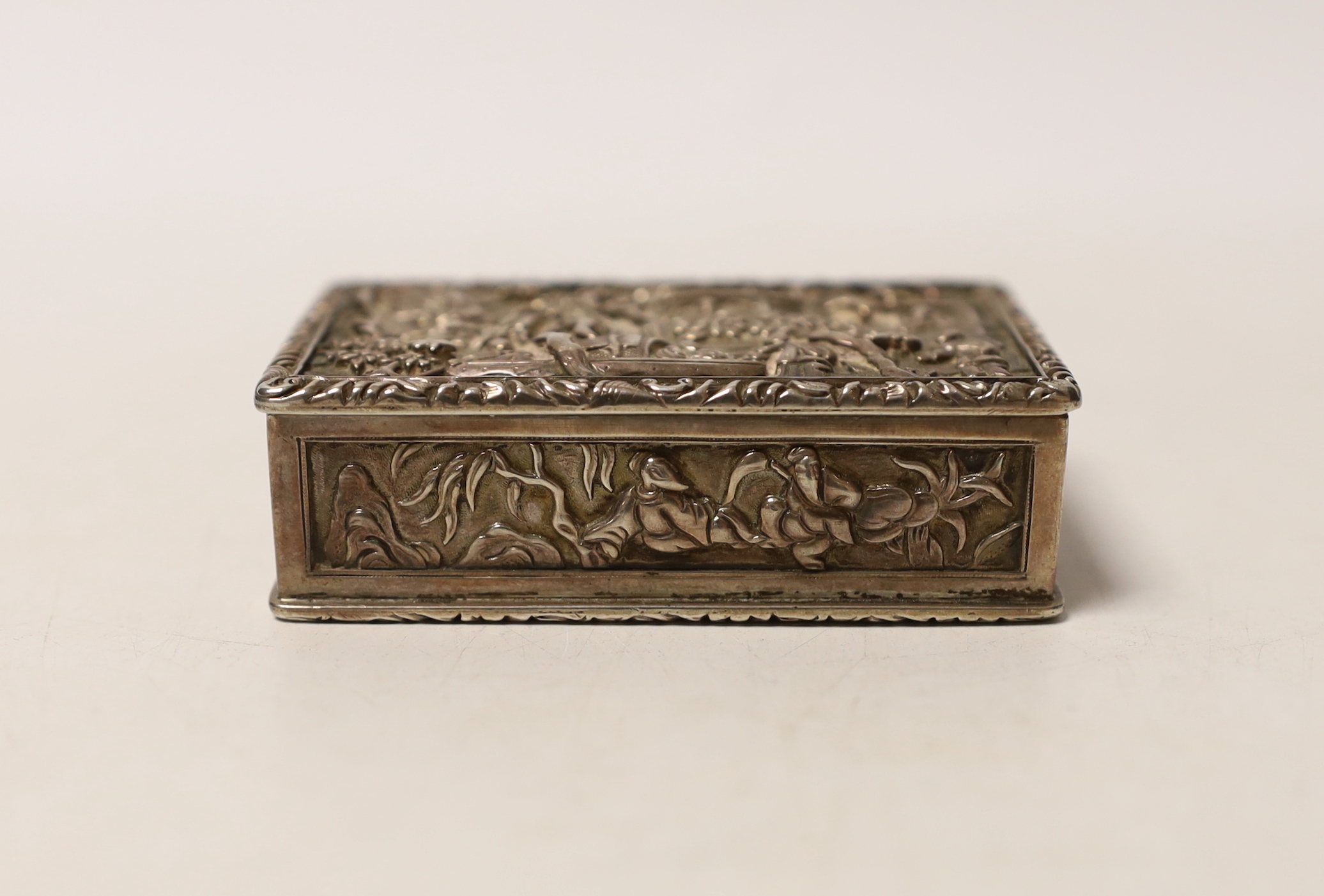 A Burmese? white metal box rectangular snuff box, 67mm.